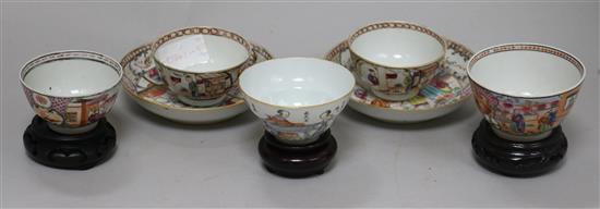 Three 18th century Chinese family rose tea bowls and two saucers, two other teabowls and three wood stands